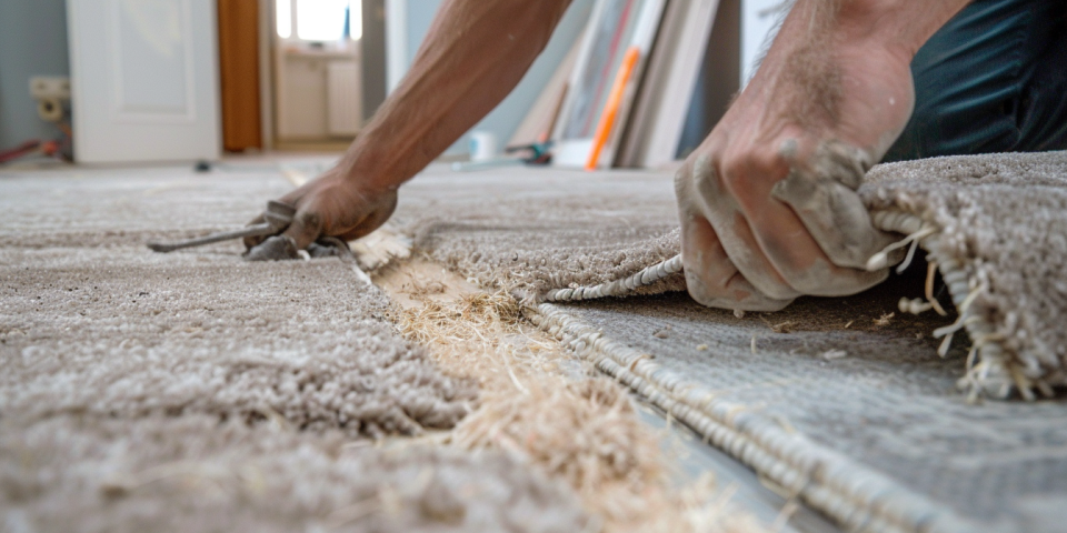 A person laying down carpet in a room, with hands pulling back the carpet to adjust it.